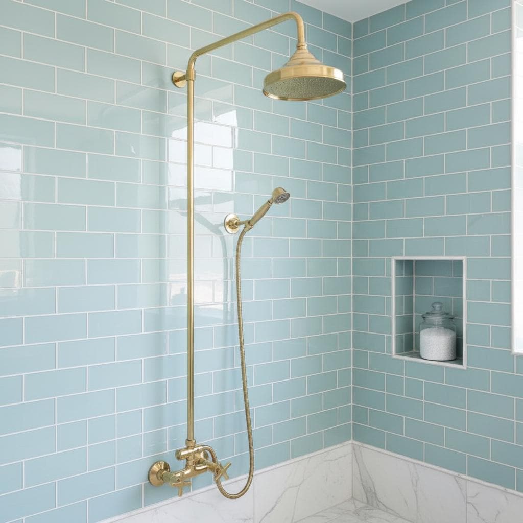 Gold shower system against a blue tiled bathroom wall