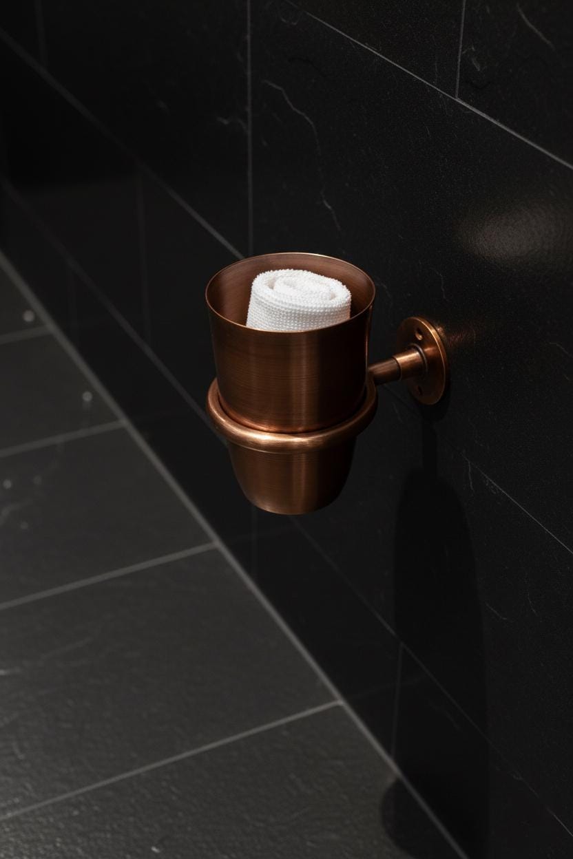 Bronze toilet paper holder with white roll on a black tiled wall