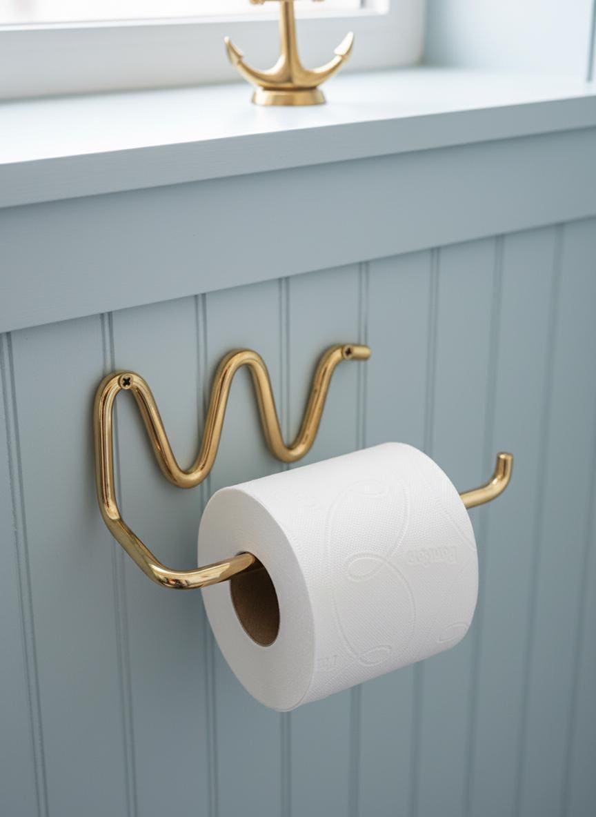 Gold toilet paper holder with a roll of toilet paper on a light blue wall.