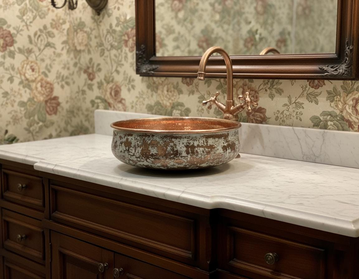 Copper sink on a marble countertop with floral wallpaper and a mirror above.