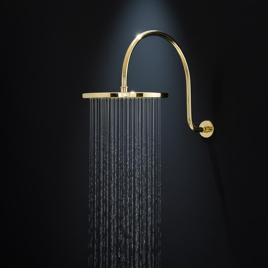 Gold shower head with water droplets on a black background