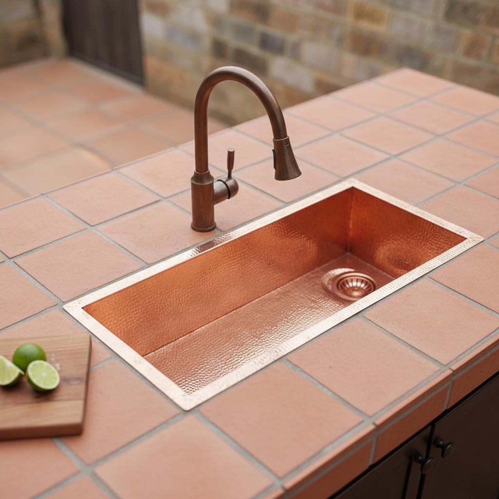 Copper kitchen sink with faucet on a tiled countertop