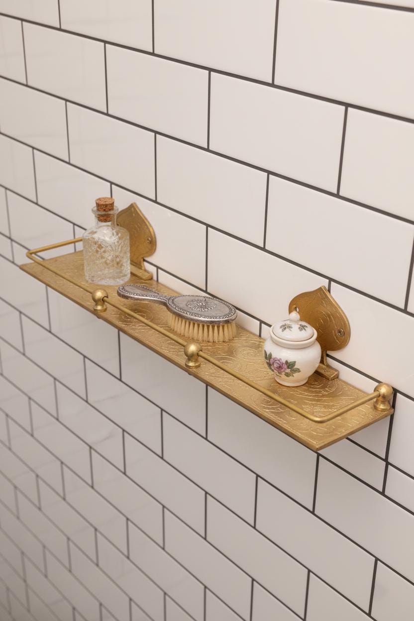 Wooden shelf with decorative items against a tiled bathroom wall
