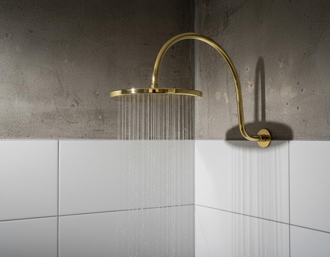 Gold shower head mounted on a tiled wall