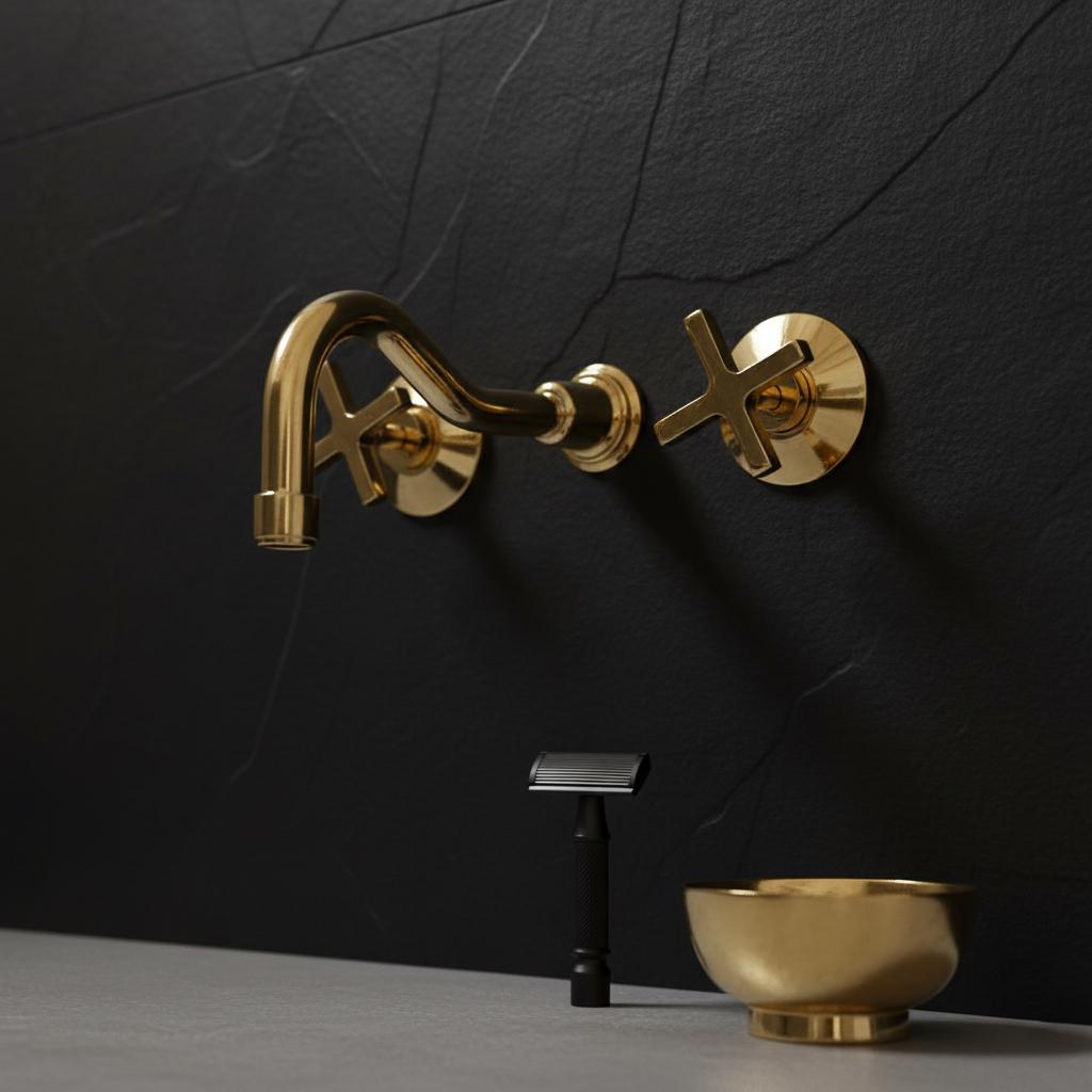 Gold faucet and bowl on a black background