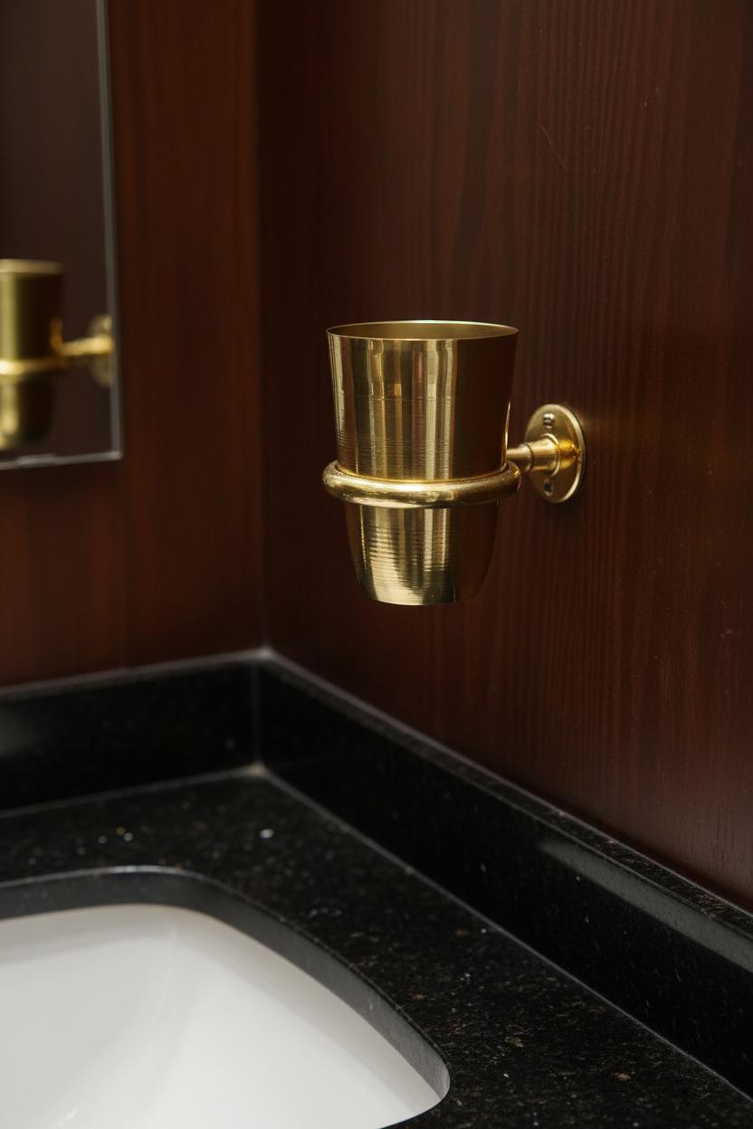 Gold toothbrush holder mounted on a wooden wall above a sink.