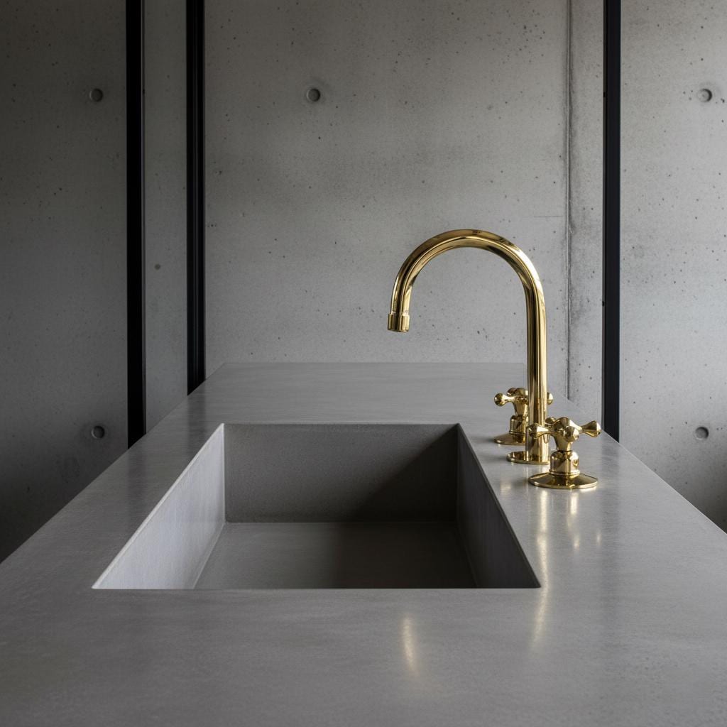 Modern kitchen sink with gold faucet against a concrete wall.