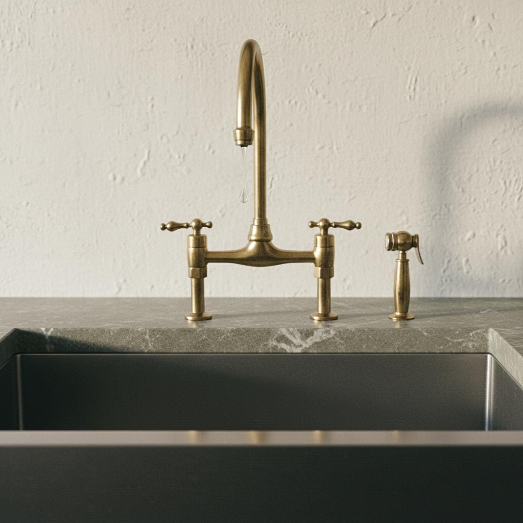 Gold kitchen faucet over a white sink in a bright kitchen.