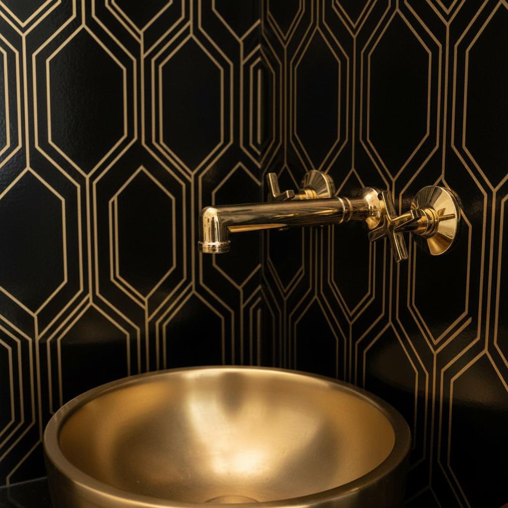 Gold sink and faucet against a black geometric-patterned wall