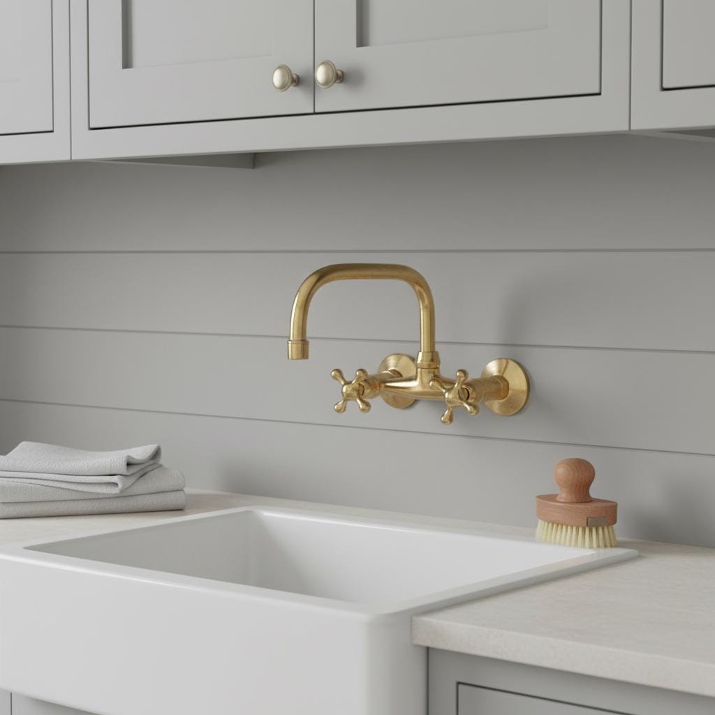Gold kitchen faucet on a white sink with gray cabinets and countertop.