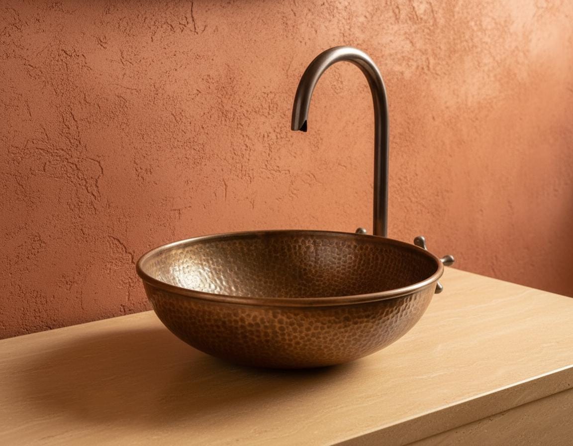 Copper sink with faucet against a textured brown wall