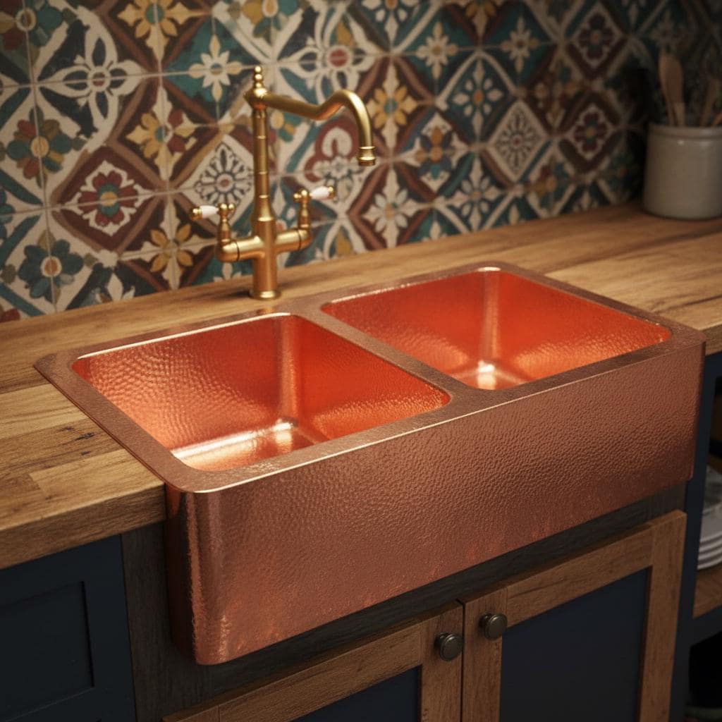 Copper farmhouse sink with a decorative backsplash in a kitchen setting