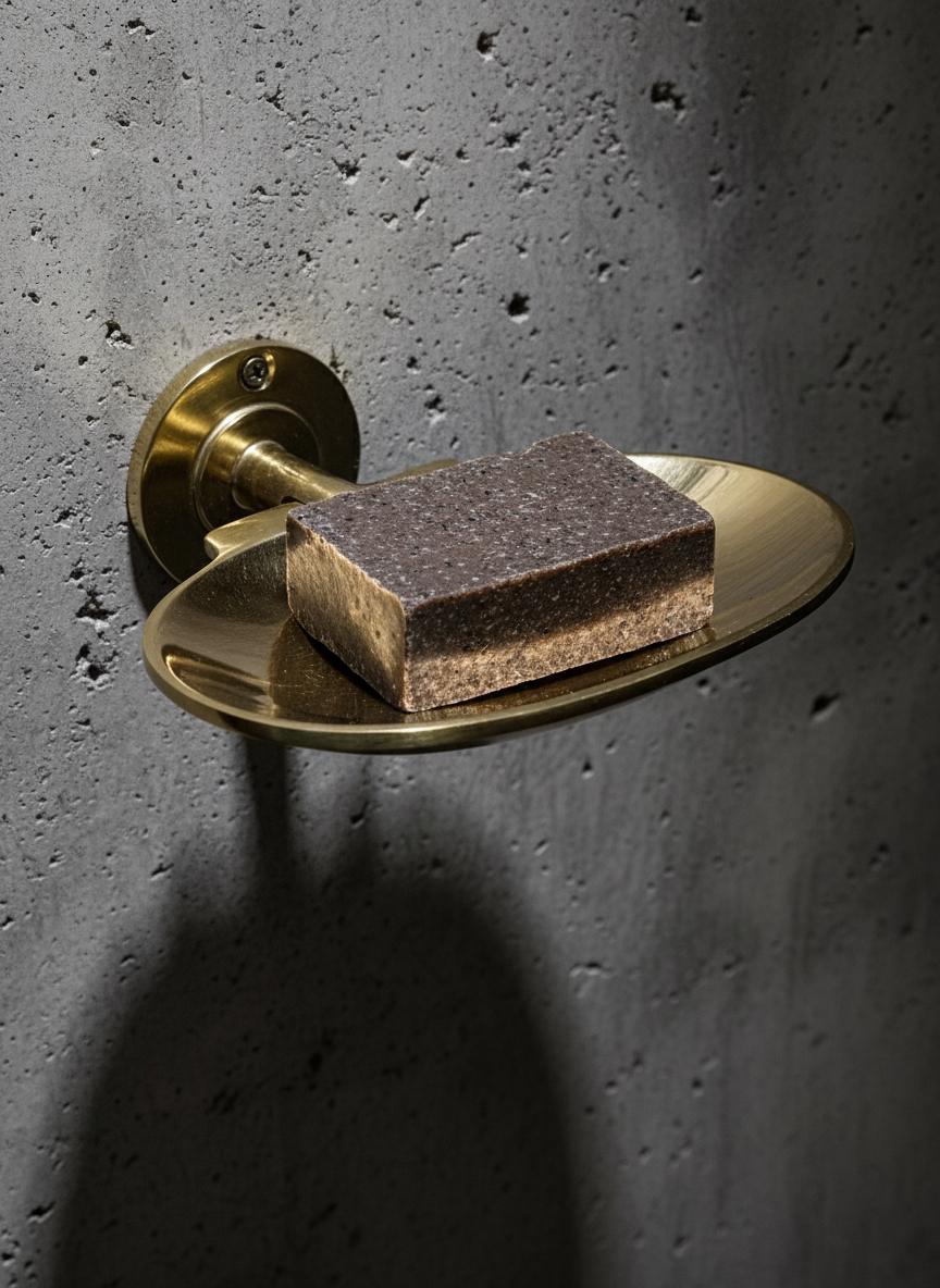 Brass soap dish with a bar of soap on a textured gray wall