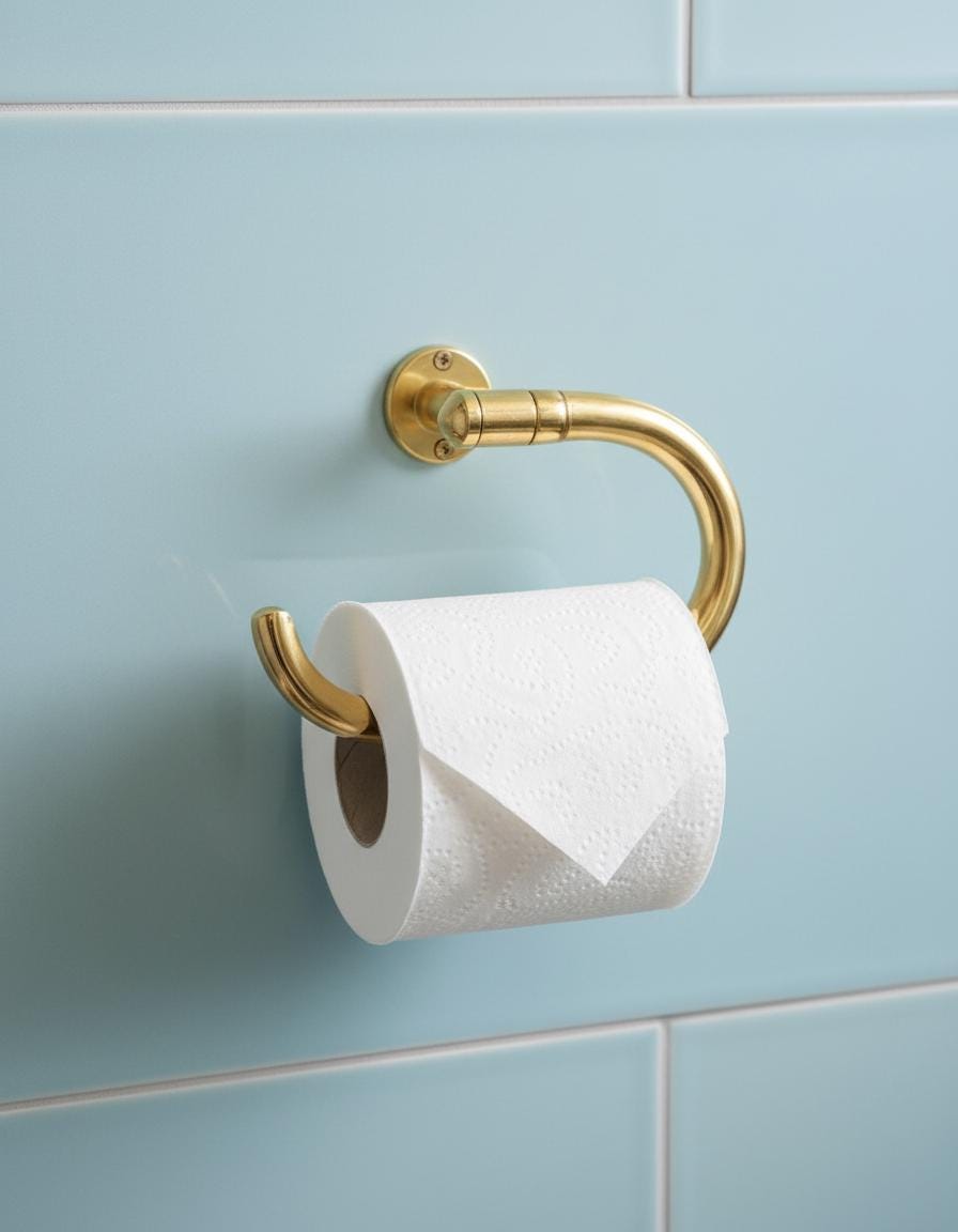 Gold toilet paper holder with a roll of toilet paper on a light blue tiled wall.
