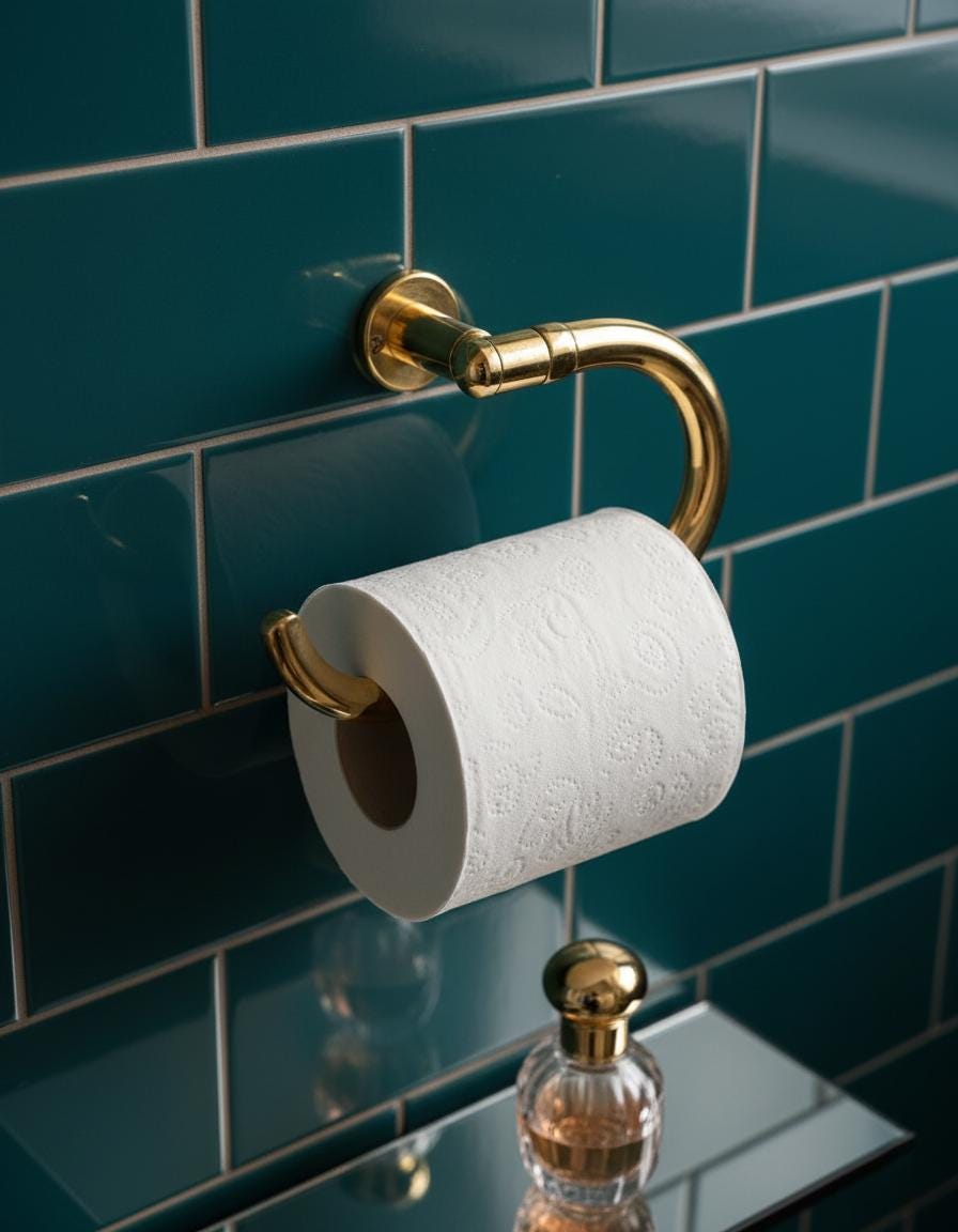 Gold toilet paper holder with a roll of toilet paper against a teal tiled wall.
