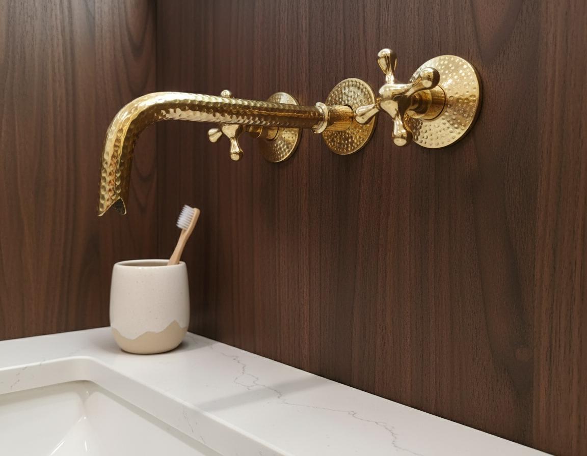 Gold faucet on a wooden wall with a white sink and toothbrush holder.