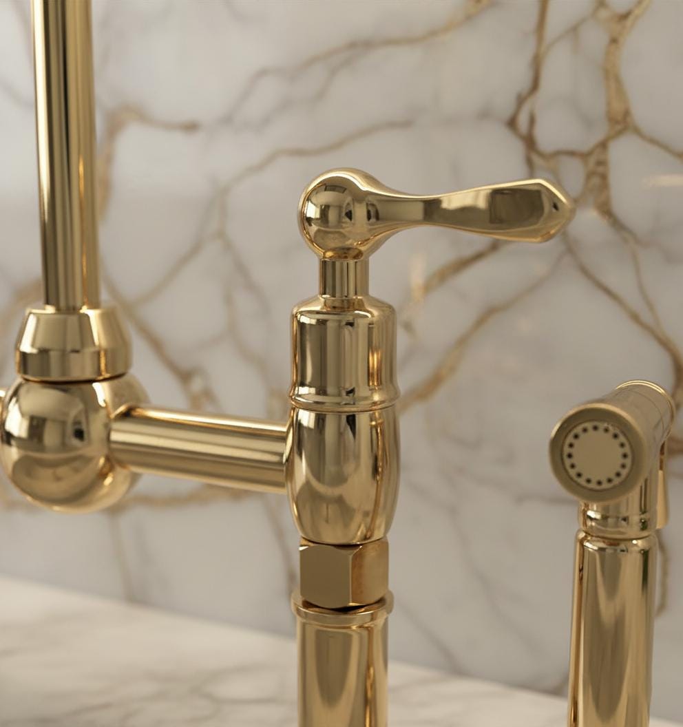 Gold faucet with a marble background