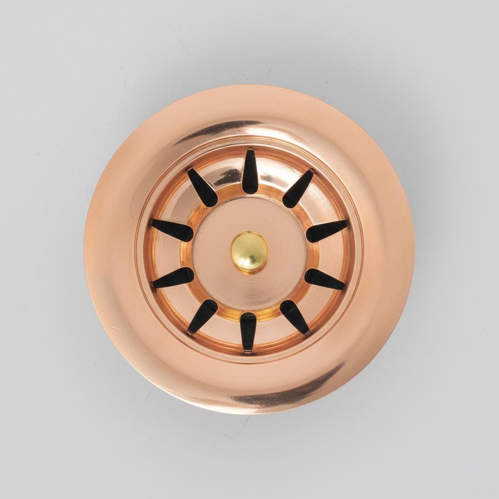 Copper drain cover with black rubber gaskets on a gray background