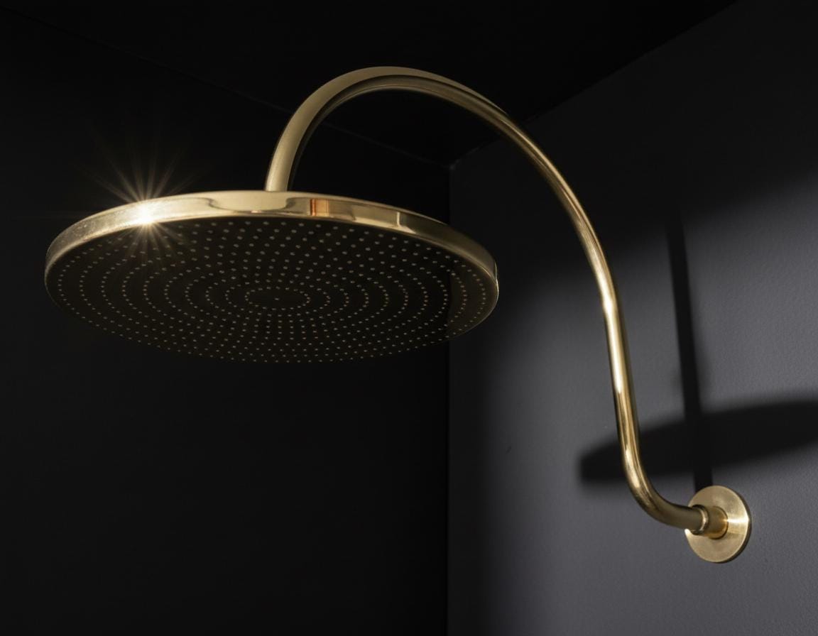 Gold shower head mounted on a dark wall