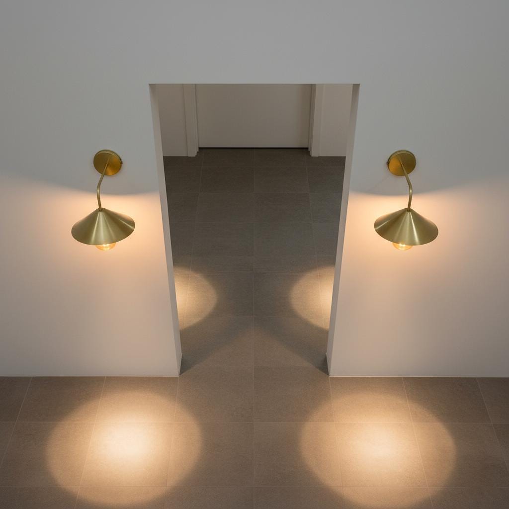 Two gold wall sconces casting light on a white wall and floor.