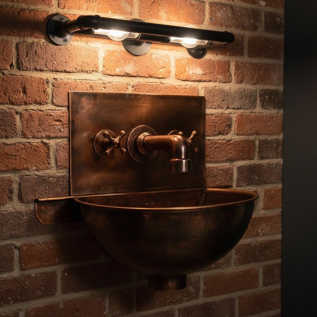 Vintage-style copper sink mounted on a brick wall with industrial lighting.