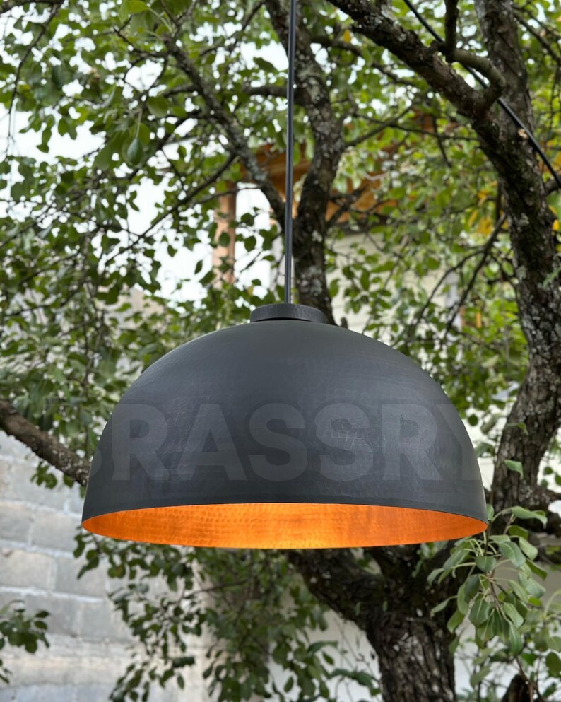 Adjustable black dome light with rustic copper interior

