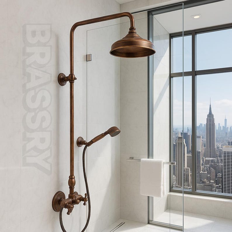 Antique brass and copper shower fixture with exposed piping

