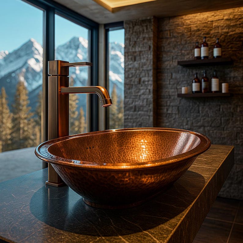  Antique copper farmhouse bathroom sink with overflow hole