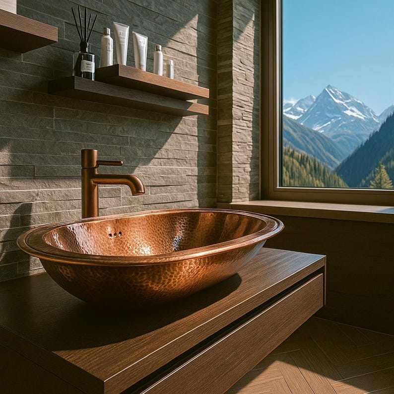 Antique copper farmhouse bathroom sink with overflow hole