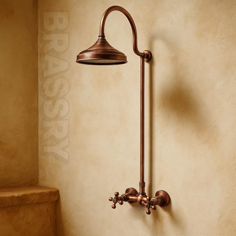 Antique copper shower system with 8-inch rainfall head and cross handles

