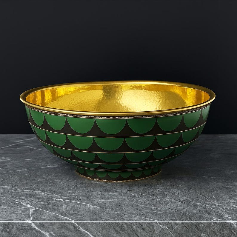 Artisan bathroom sink with green enamel inlay pattern
