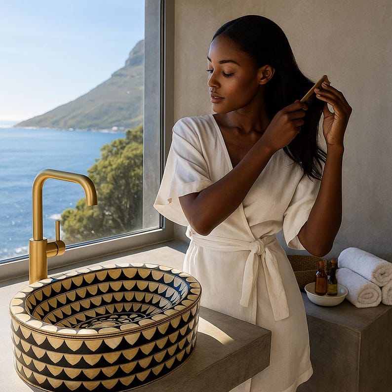 Artisan oval brass vessel sink with black, bone & resin inlay. Handcrafted for luxury bathrooms, spas, and designer vanities. Includes brass drain.

