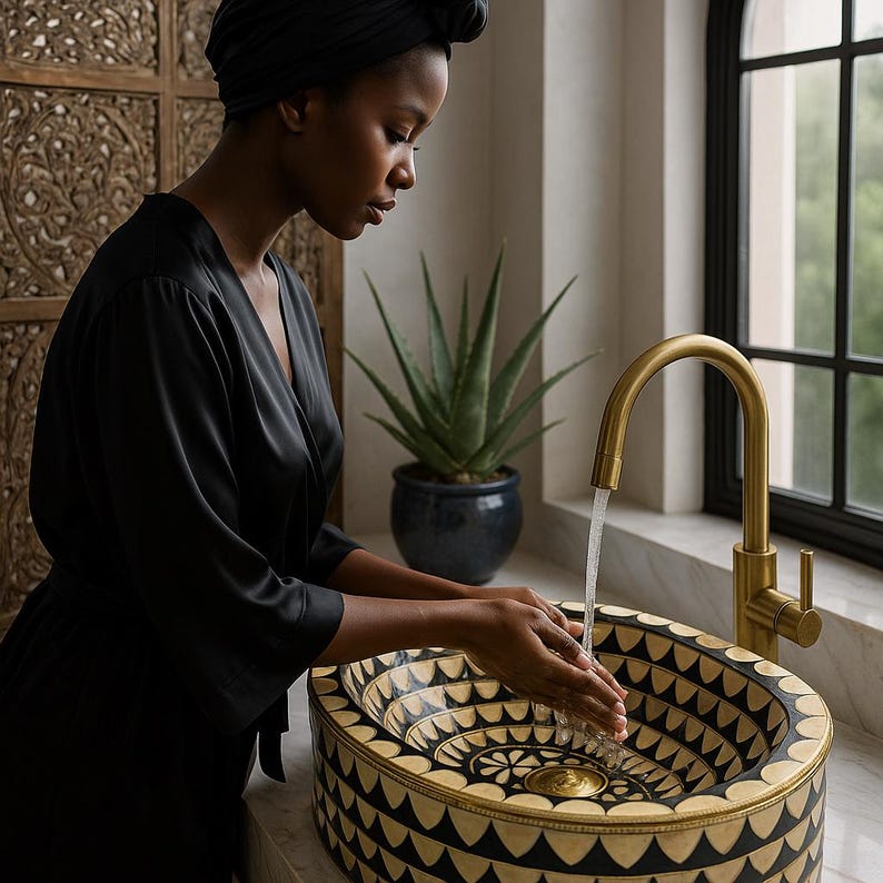 Artisan oval brass vessel sink with black, bone & resin inlay. Handcrafted for luxury bathrooms, spas, and designer vanities. Includes brass drain.

