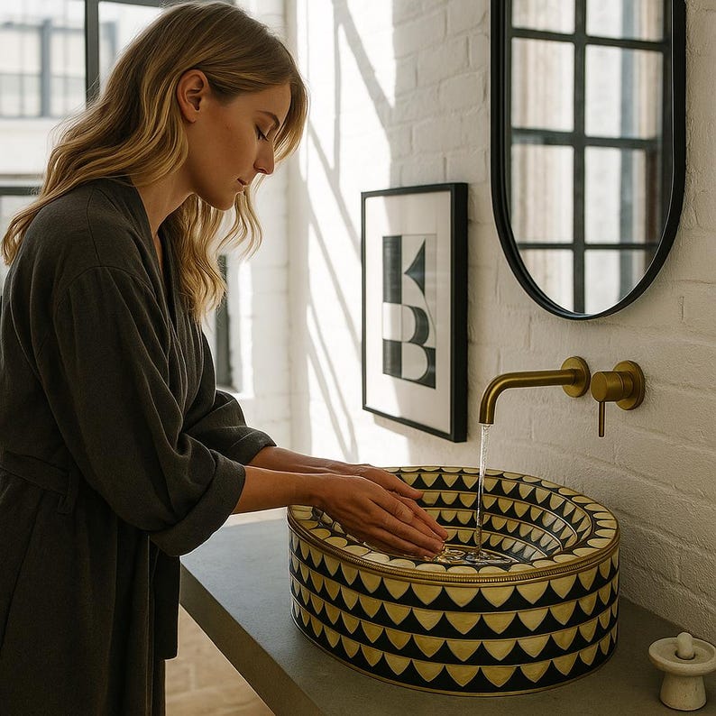 Artisan oval brass vessel sink with black, bone & resin inlay. Handcrafted for luxury bathrooms, spas, and designer vanities. Includes brass drain.

