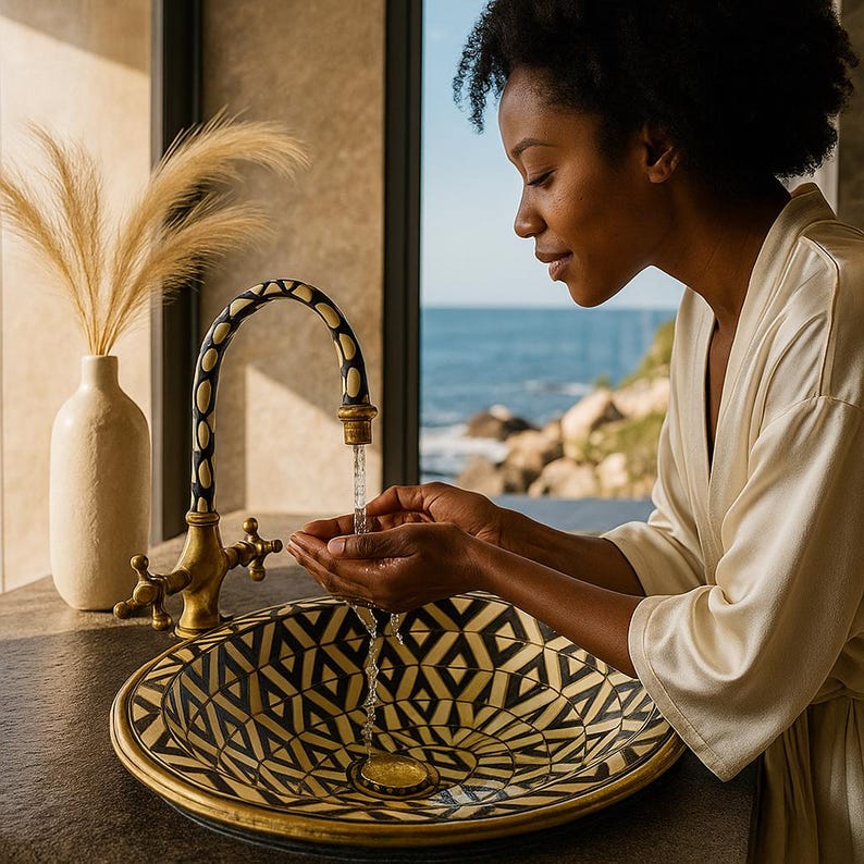 Black and gold brass sink with bone resin flower inlay