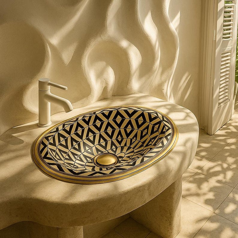 Boho bathroom basin with floral bone and resin inlay