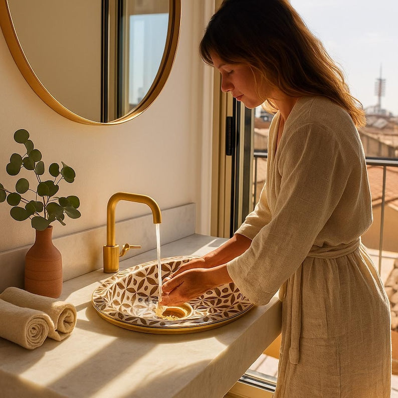Boho bathroom sink with bone mosaic design