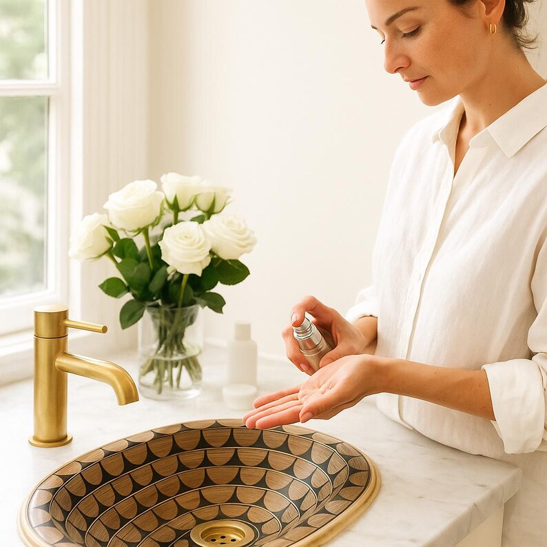 Boho black resin bathroom basin with brass rim and bone pattern