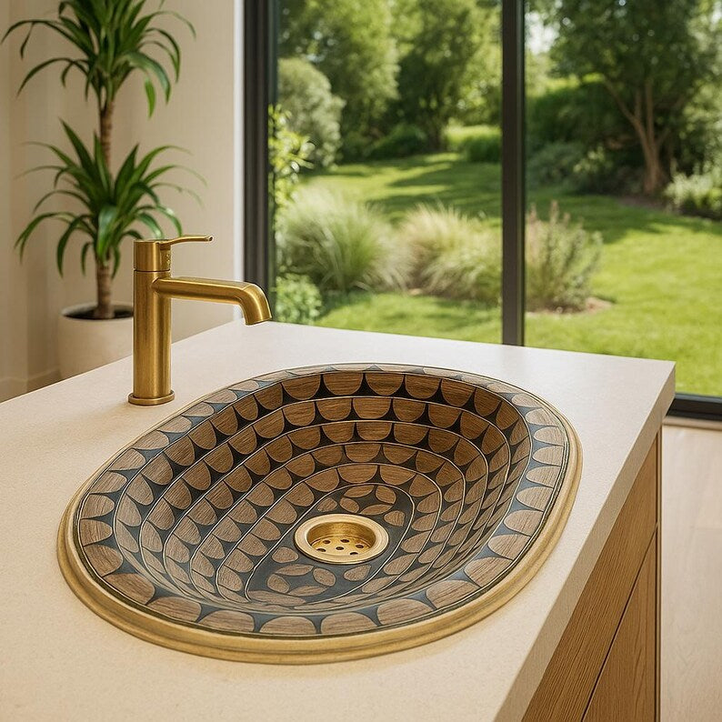 Boho black resin bathroom basin with brass rim and bone pattern
