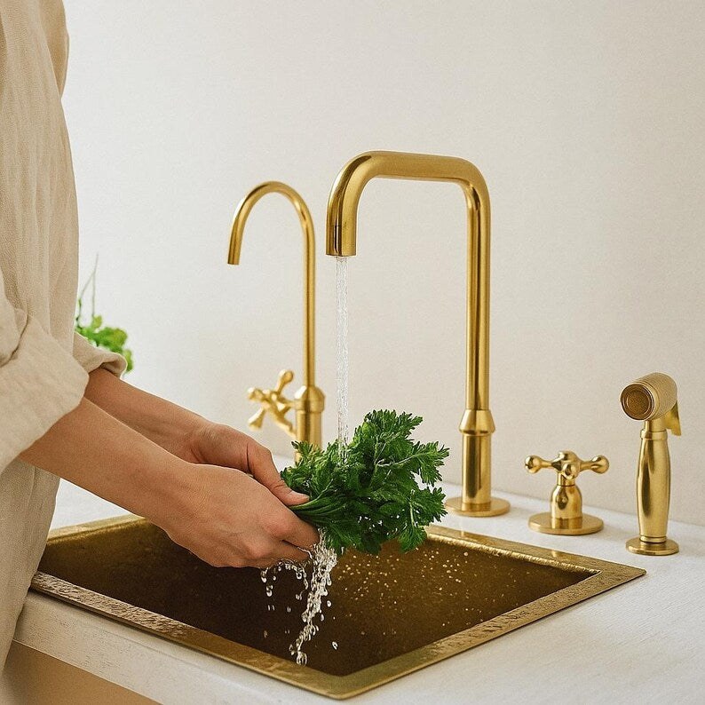 Brass 4-hole bridge kitchen mixer with drinking tap


