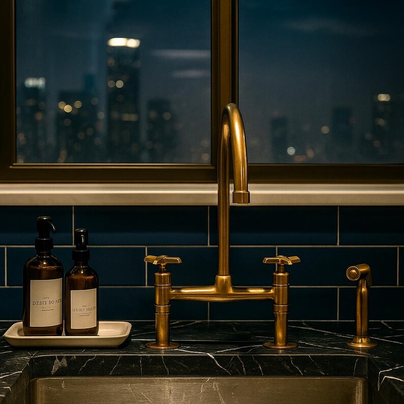 Brass bridge faucet with sprayer and cross handles

