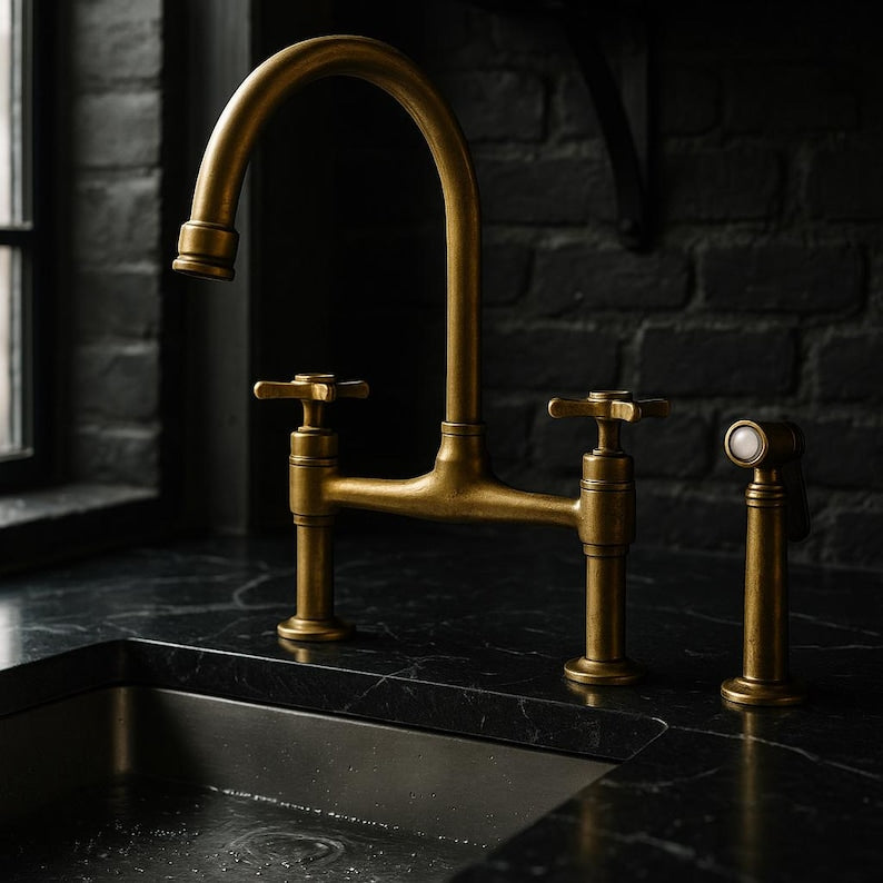 Brass bridge faucet with sprayer and cross handles

