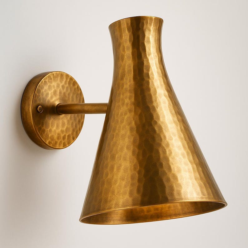 Brass cone sconce for indoor and outdoor spaces – golden hammered wall fixture

