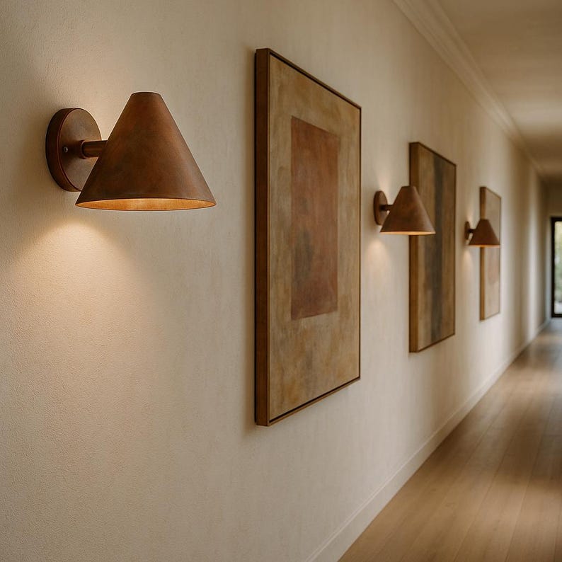 Brushed copper wall sconce – handcrafted cone light for modern interiors and patios

