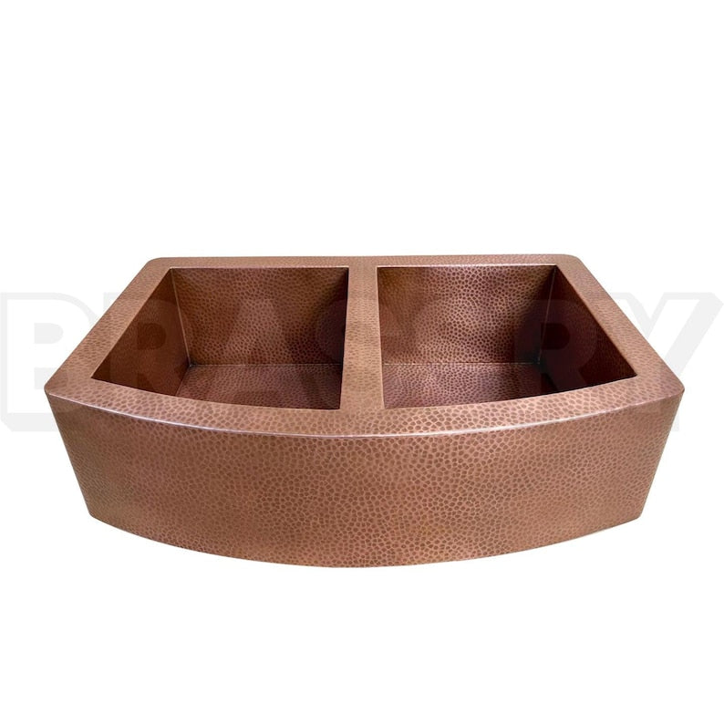 Copper Farmhouse Sink, Double Bowl Hammered Copper Sink, Rustic Apron Front Kitchen Sink, Handmade Antique Patina Basin
