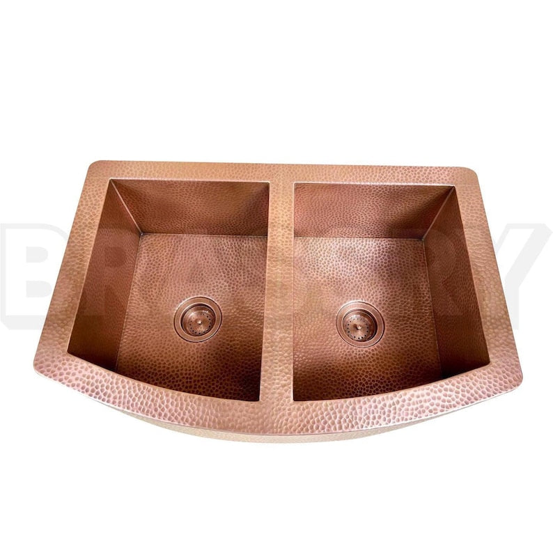 Copper Farmhouse Sink, Double Bowl Hammered Copper Sink, Rustic Apron Front Kitchen Sink, Handmade Antique Patina Basin
