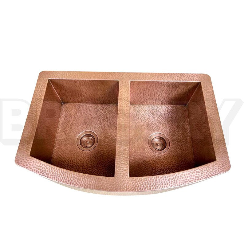 Copper Farmhouse Sink, Double Bowl Hammered Copper Sink, Rustic Apron Front Kitchen Sink, Handmade Antique Patina Basin
