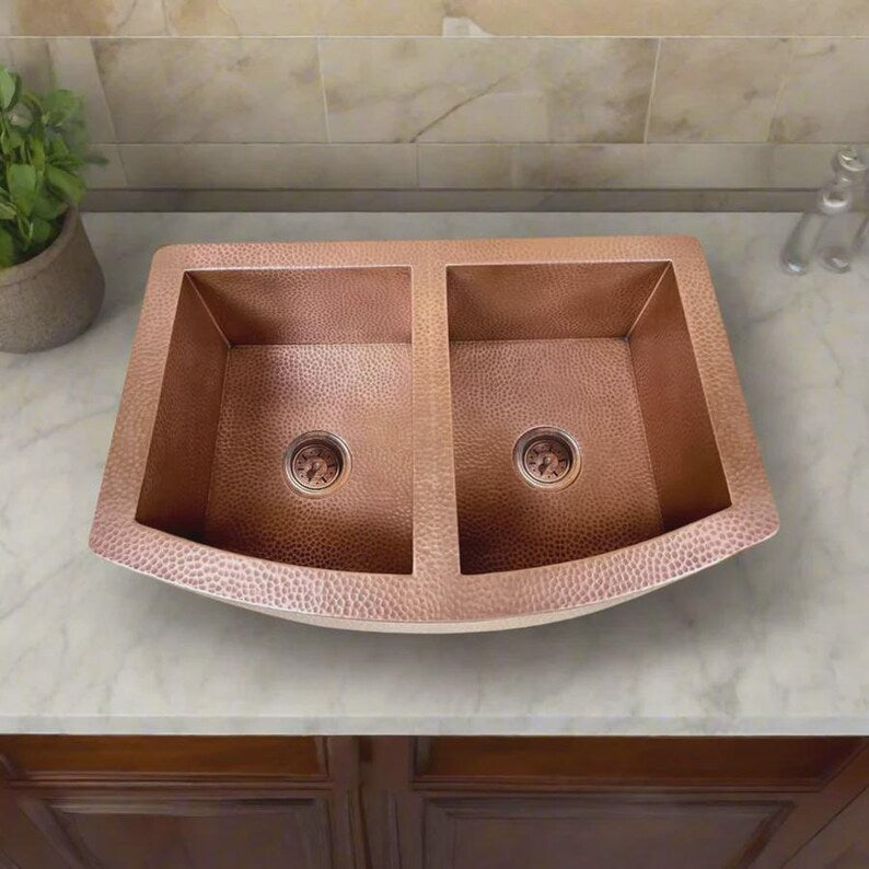 Copper Farmhouse Sink, Double Bowl Hammered Copper Sink, Rustic Apron Front Kitchen Sink, Handmade Antique Patina Basin
