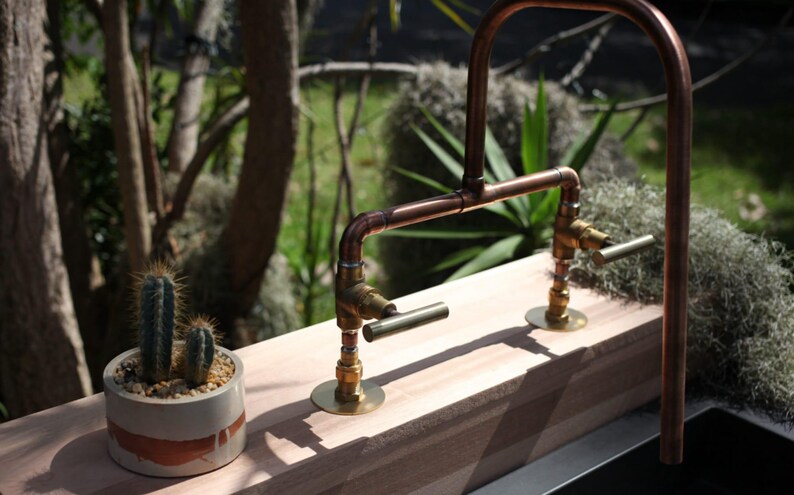 Copper and brass mixer tap for farmhouse kitchen or bathroom sink

