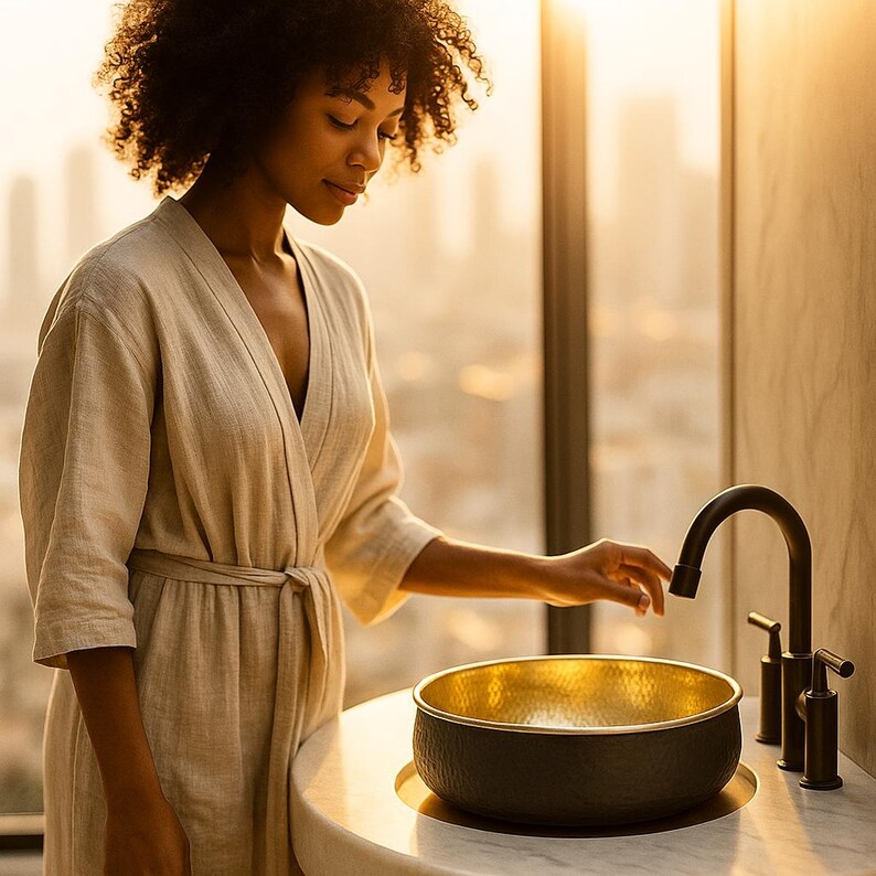 Countertop black and gold round brass sink for modern bathroom